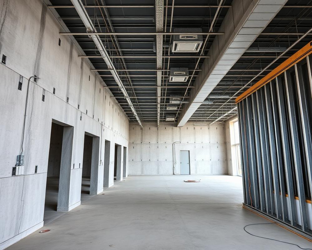 Espace commercial en construction avec montage de murs